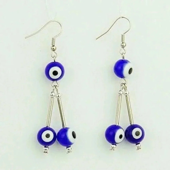Evil Eye Lampwork Glass Beads Dangle Earrings Cobalt Blue Black White Silver - Picture 1 of 1